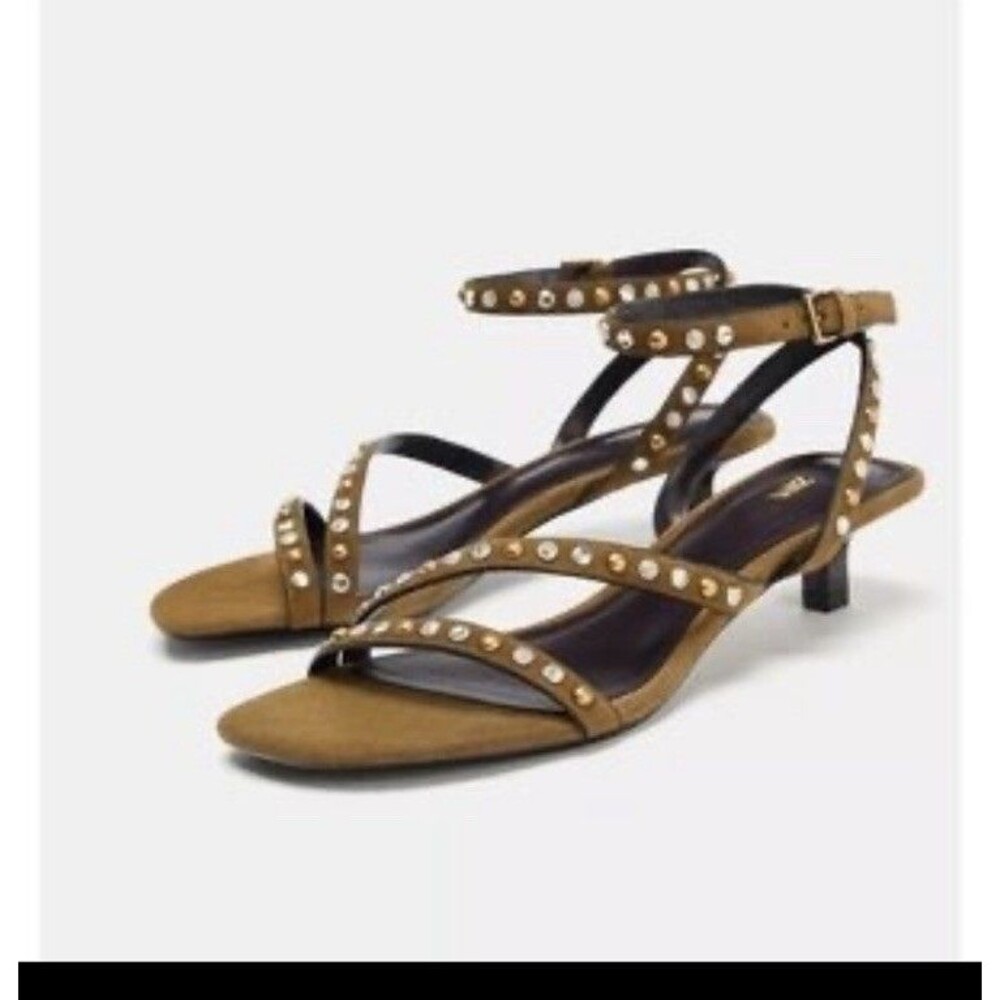NWT Zara Split Leather Studded Kitten Heel Sandals Olive Green EUR 41 US 10